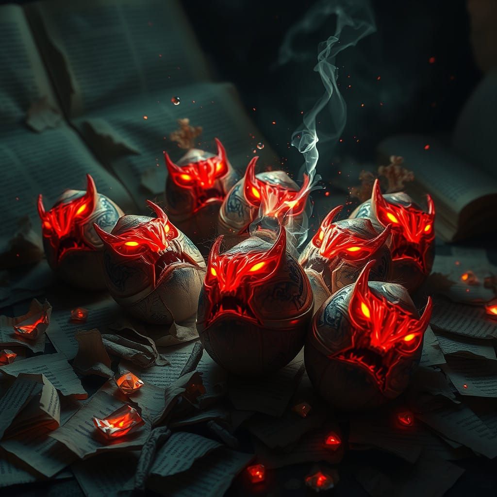 Glowing, Angry Egg-like Magical Entities in a Dark, Mystical...