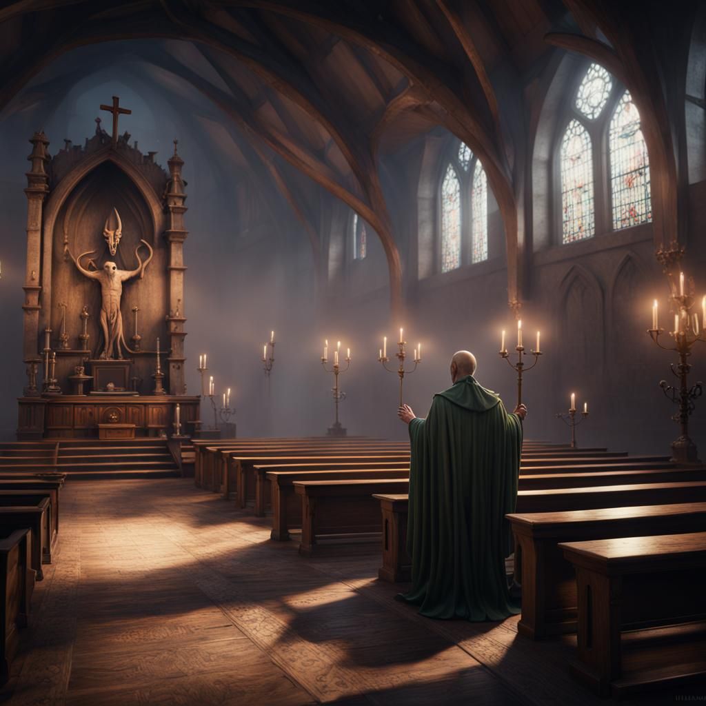 Cthulhu Altar in Medieval Church: Detailed Matte Painting