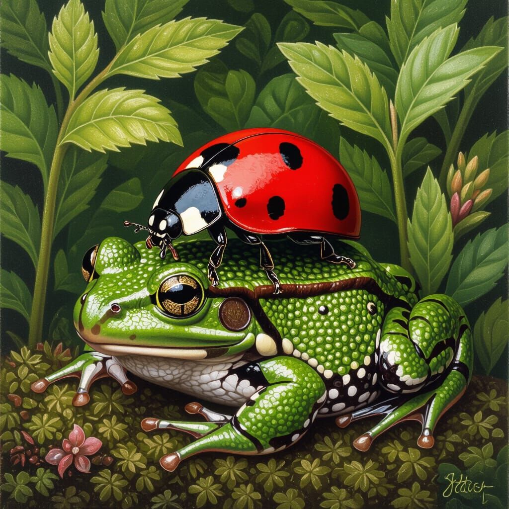 Ladybug Resting on Frog, Wildlife Art Style
