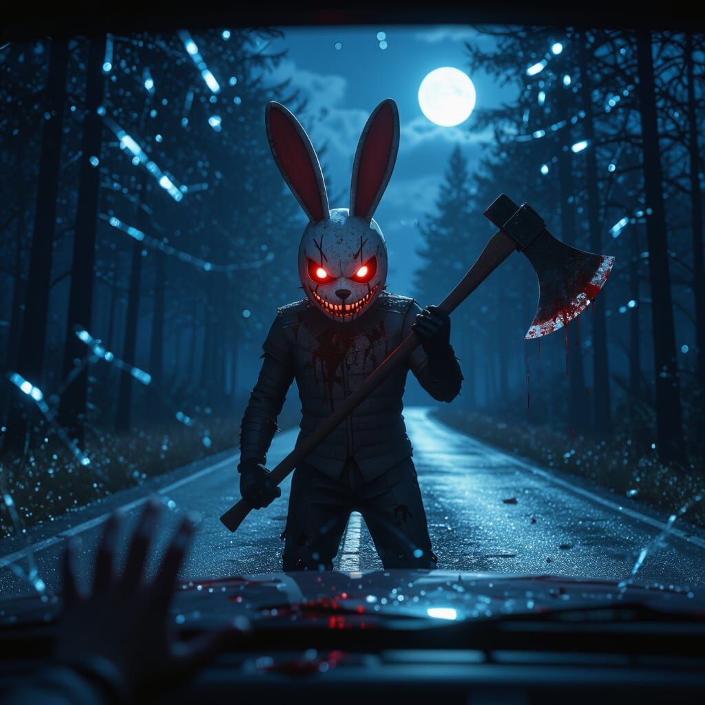 Bunny Masked Creature in Forest Horror Scene