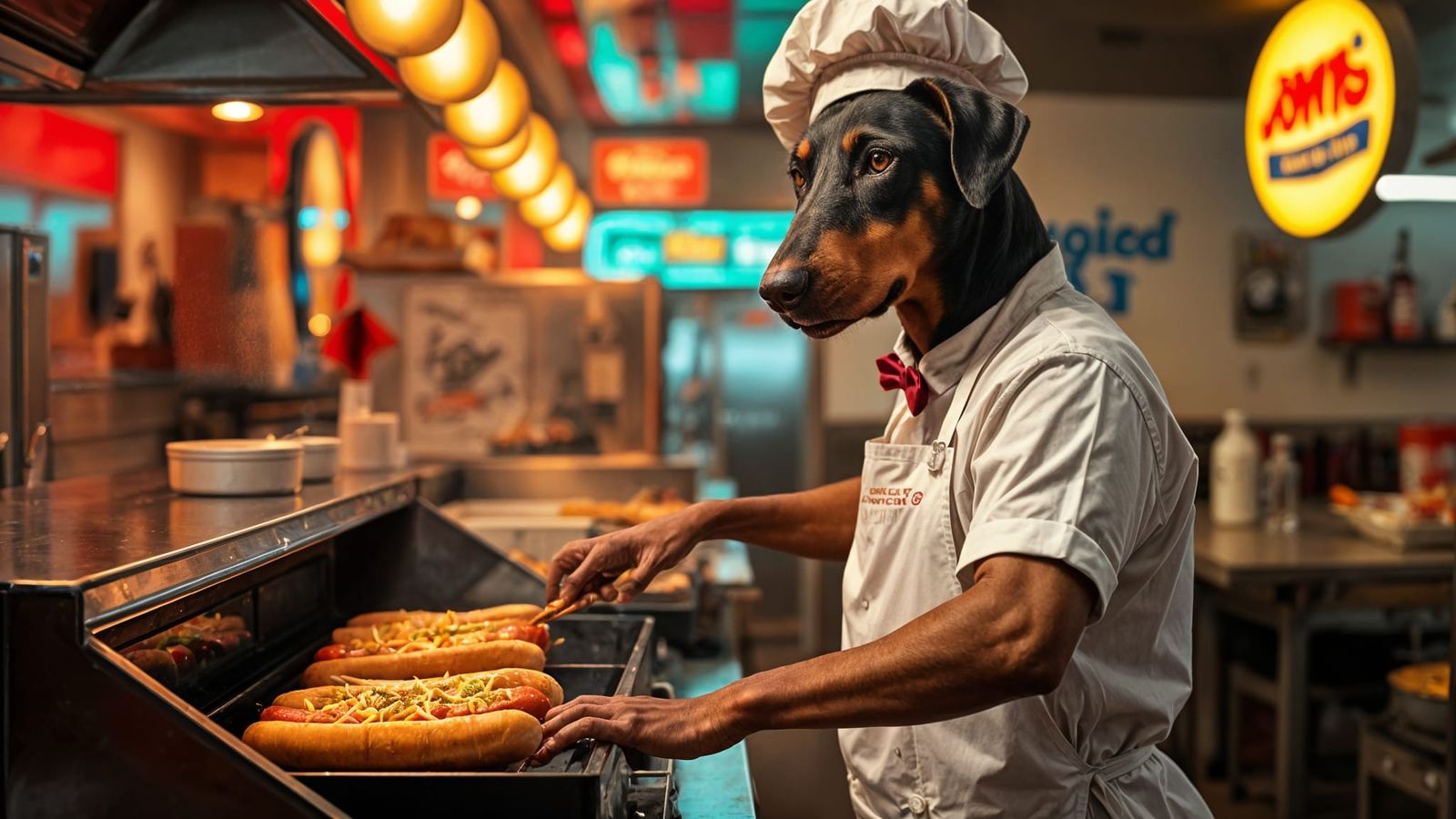 Doberman Serves Up Hotdogs in a Greasy Restaurant Scene