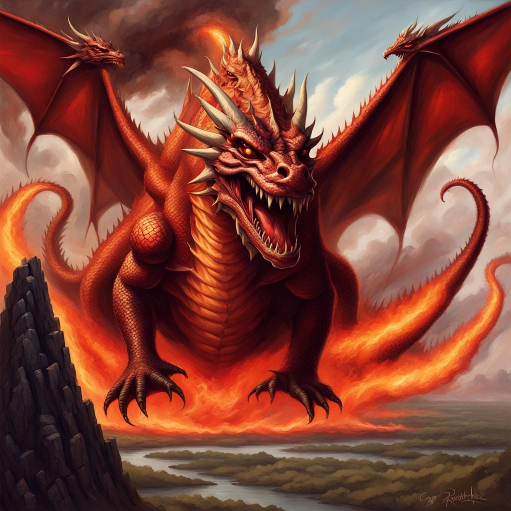 Three-Headed Dragon in War-Torn Sky