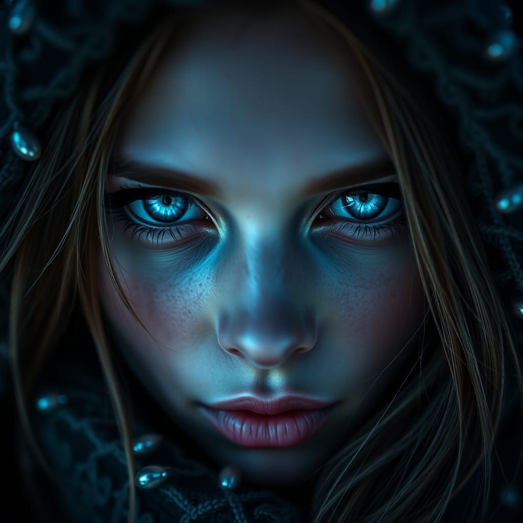 Hyperrealistic Portrait of a Woman with Ice Blue Eyes