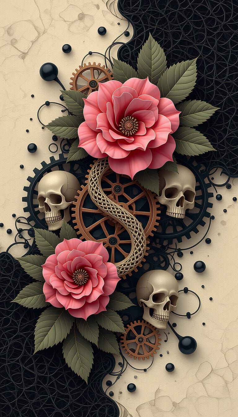 Abstract Fractal Weave with Dark Roses and Metallic Elements