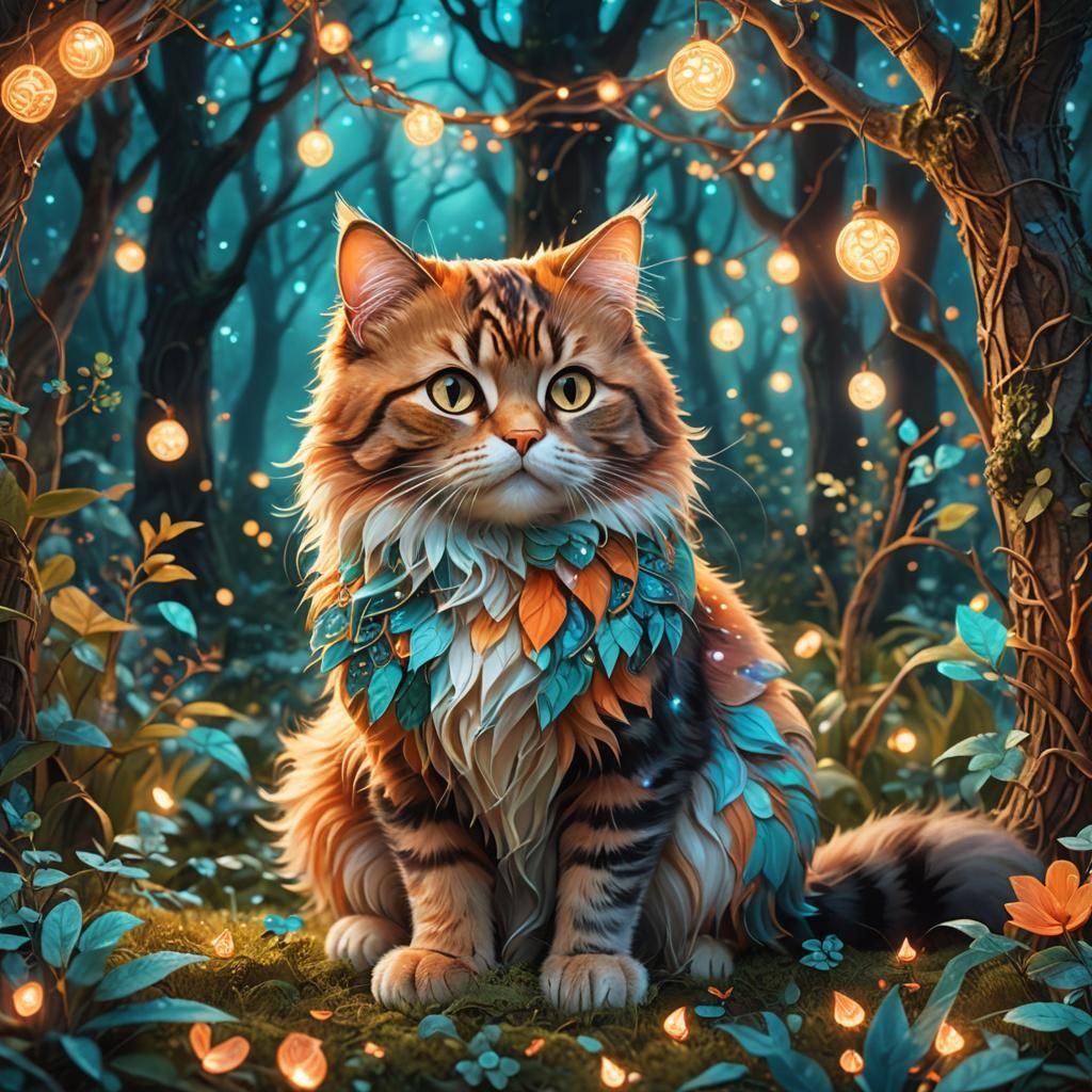 Cute Cat in Whimsical Forest Glade