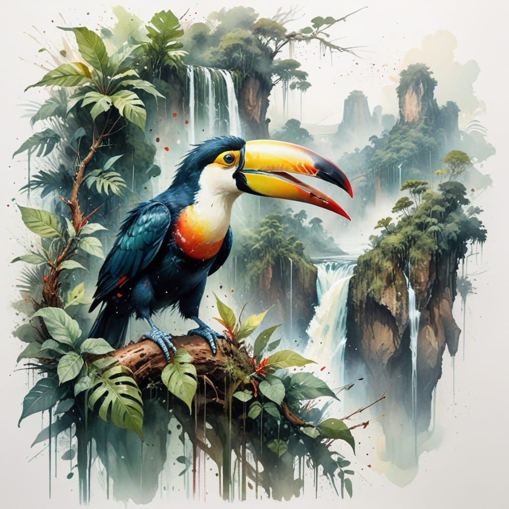 Tropical Rainforest Oasis with Iguazu Falls in Watercolour S...