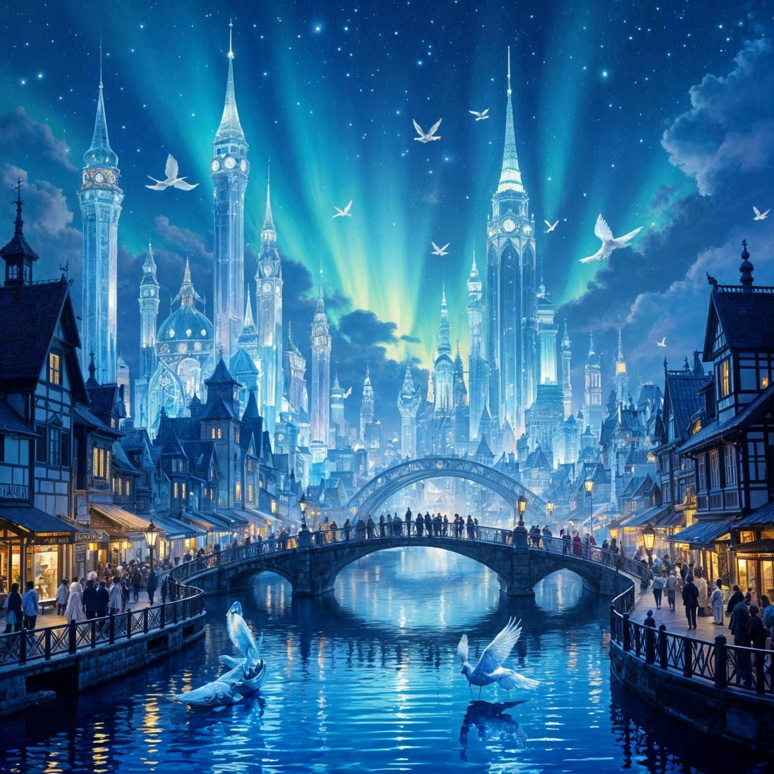 Crystal City Night Market with Celestial Phoenixes