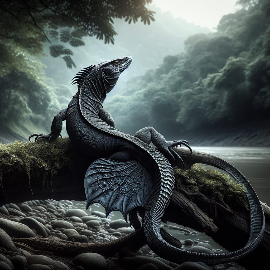 Sulawesi Black Sailfin Lizard by the River