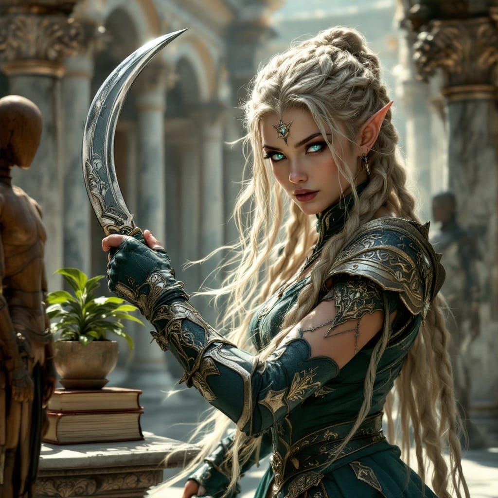 Elegant Fae Warrior Trains with Twin Blades in Sunlit Courty...