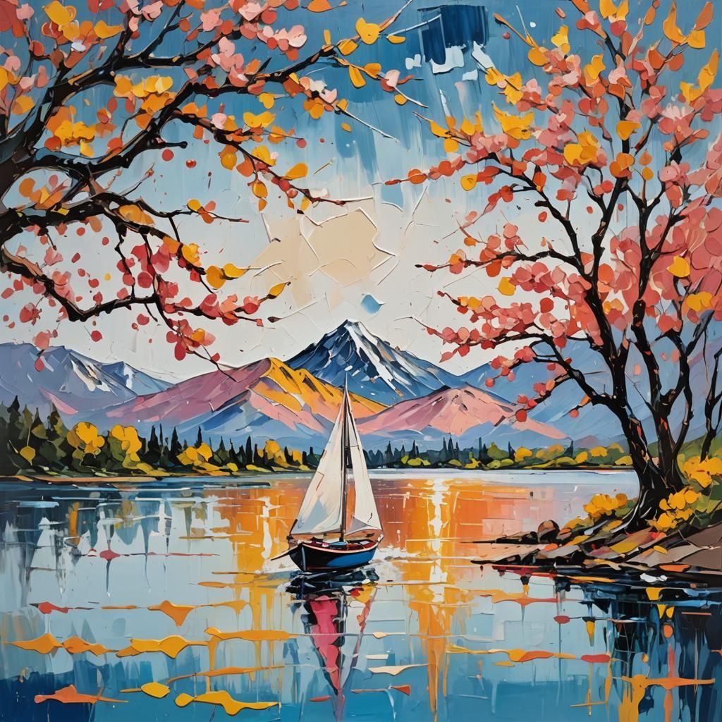 Sailboat on Lake in Abstract Expressionist Style