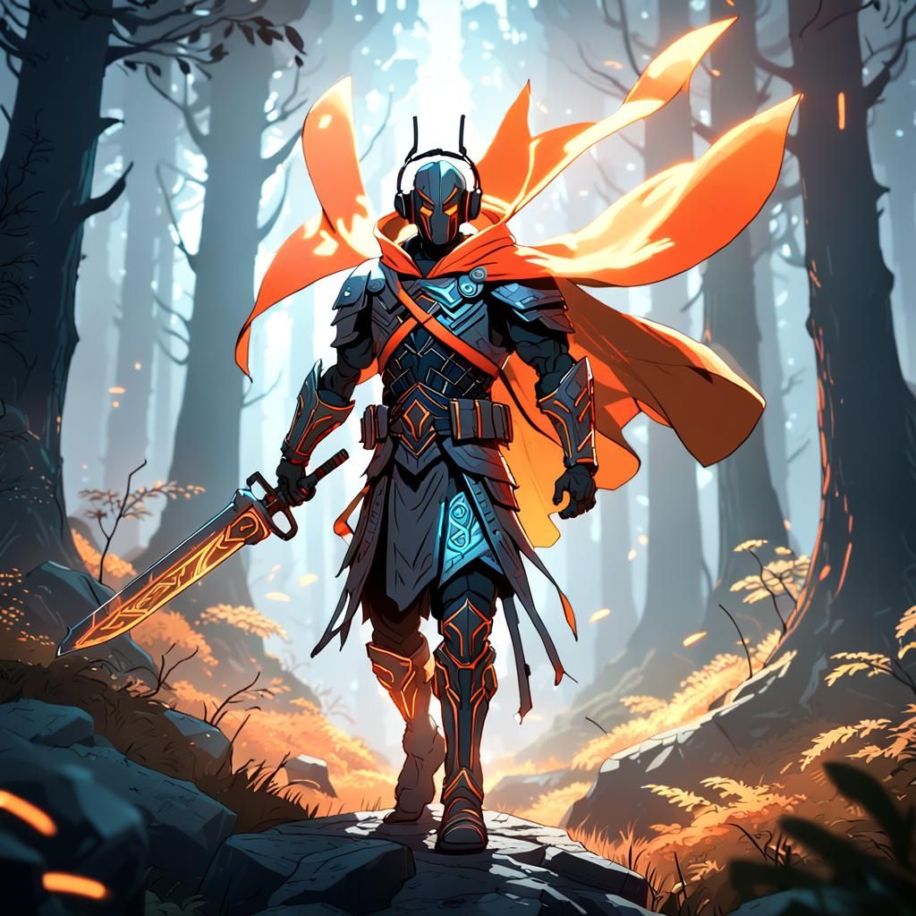 Neon Warrior with Sword in Dreamy Forest