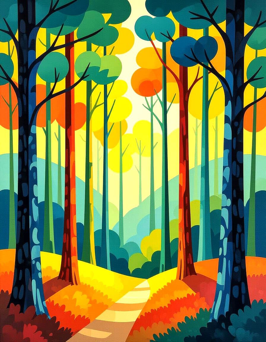 Bright Watercolor Forest Scene: Trees Only