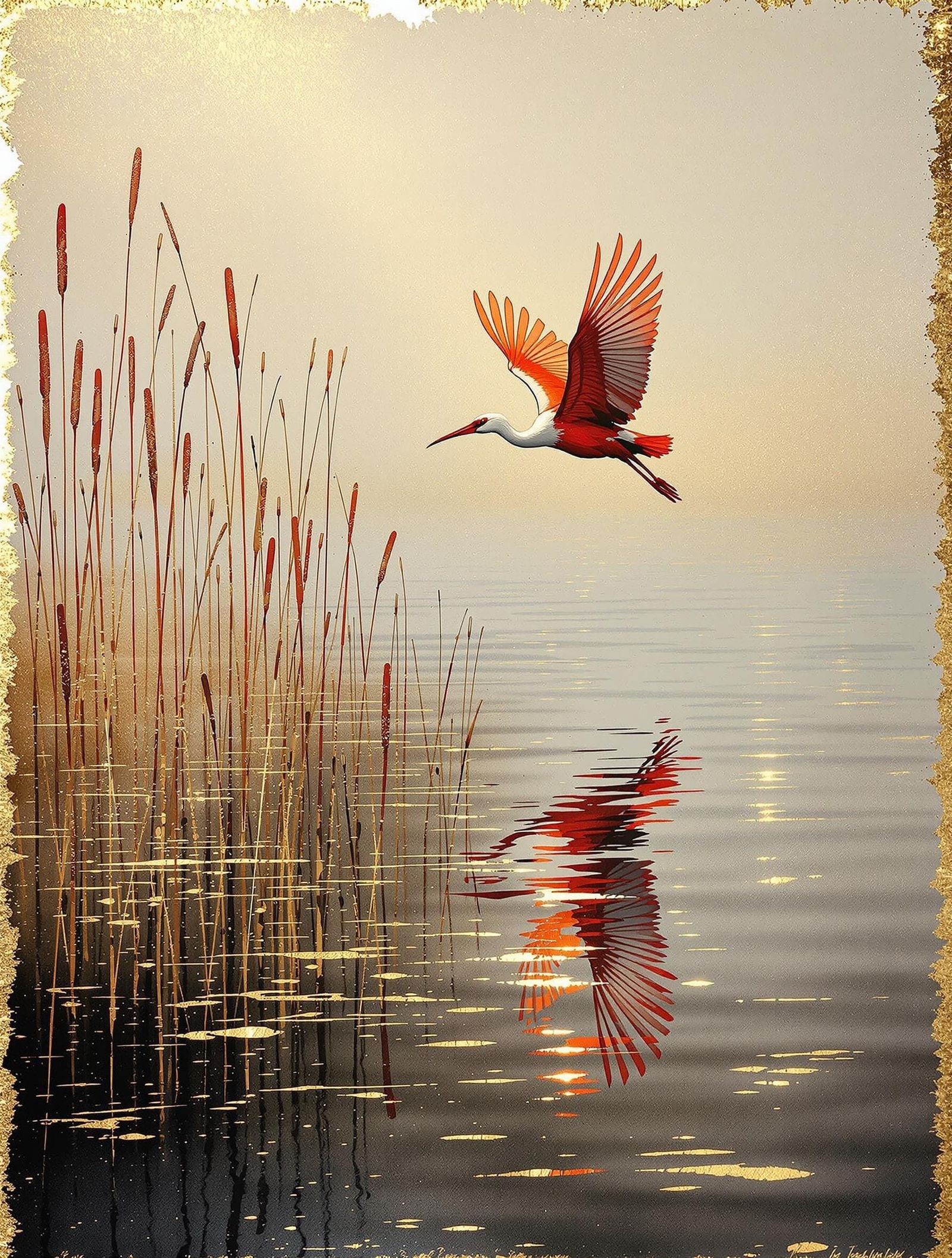 Golden Reeds and Scarlet Flight in Ethereal Glow