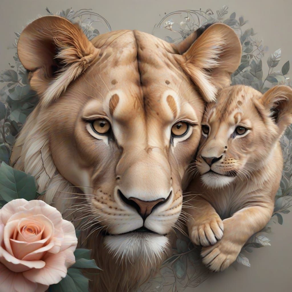 Loving Lioness and Cub in Low Poly Art