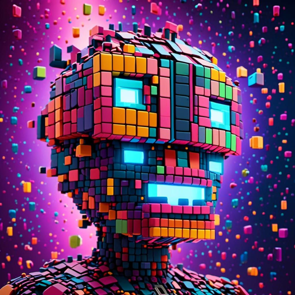 Angry Voxel Robot Head in Cosmos, 3D Render
