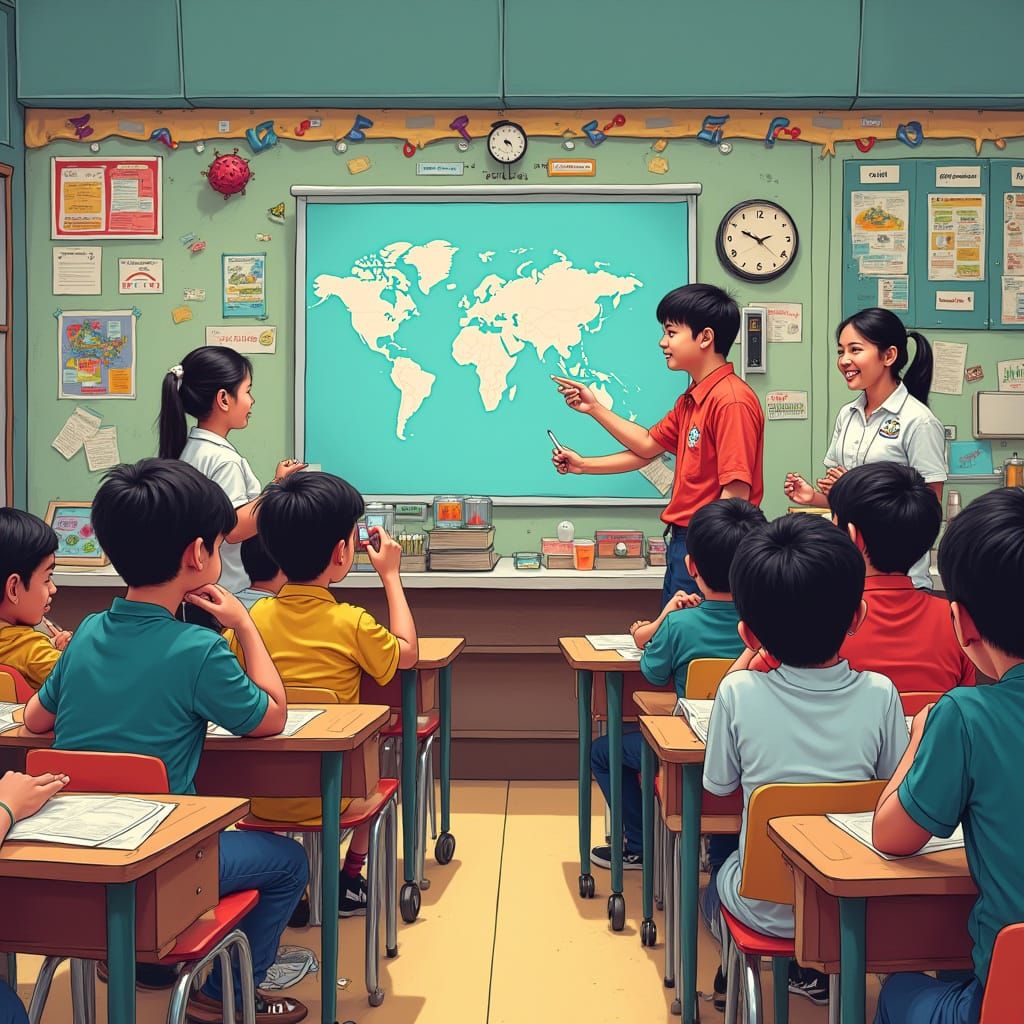 Vibrant Classroom Scene in Whimsical Pop Art Style