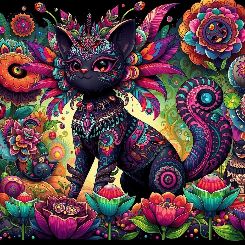 Goth Quetzalcoatl Cat Woman in Vibrant Cutecore Style