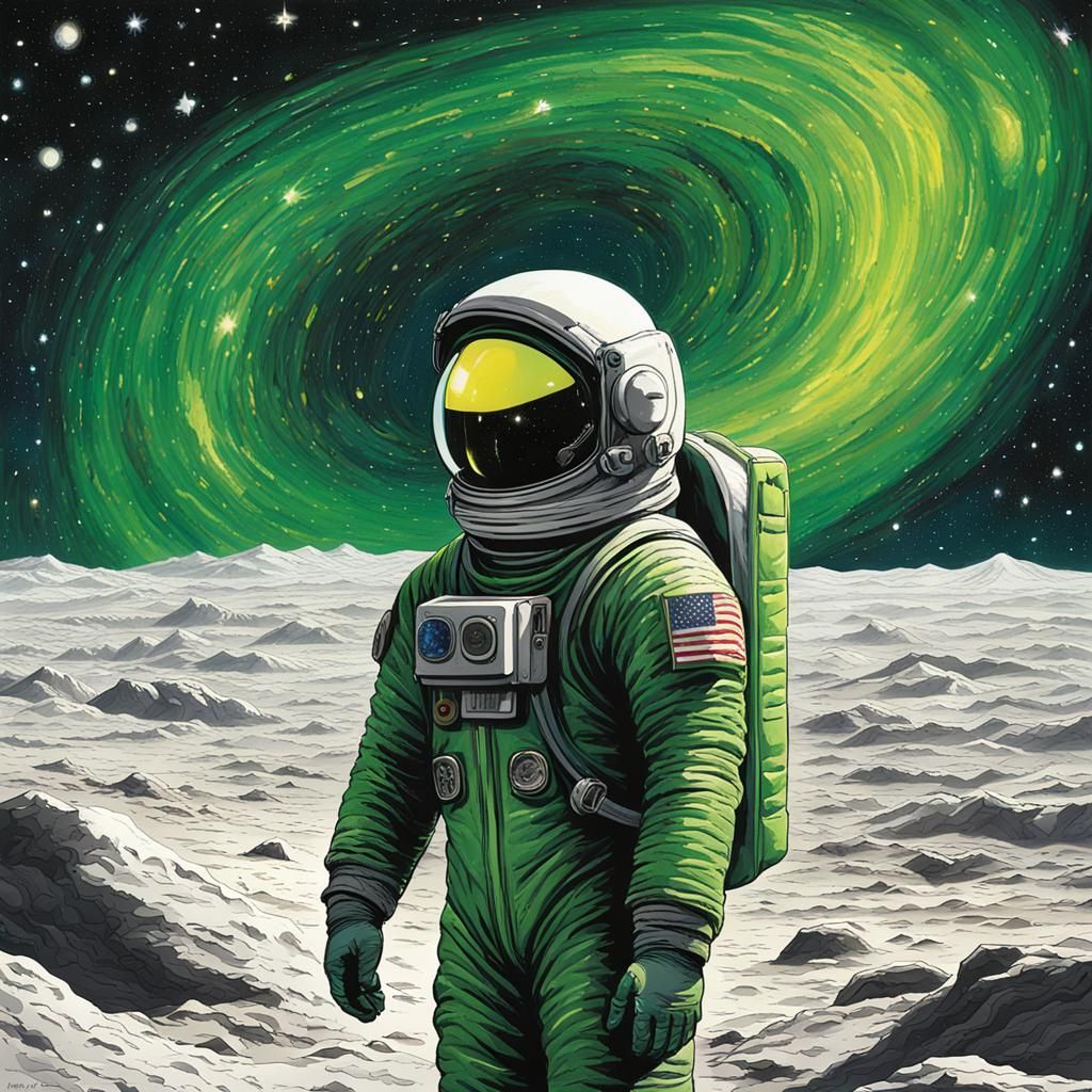 Astronaut Gazing at Galaxy in Green Spacesuit