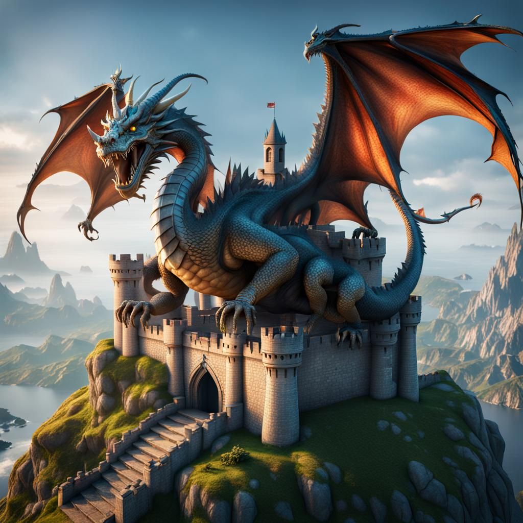 Dragon Perched Atop Castle: 3D Game Cinematic