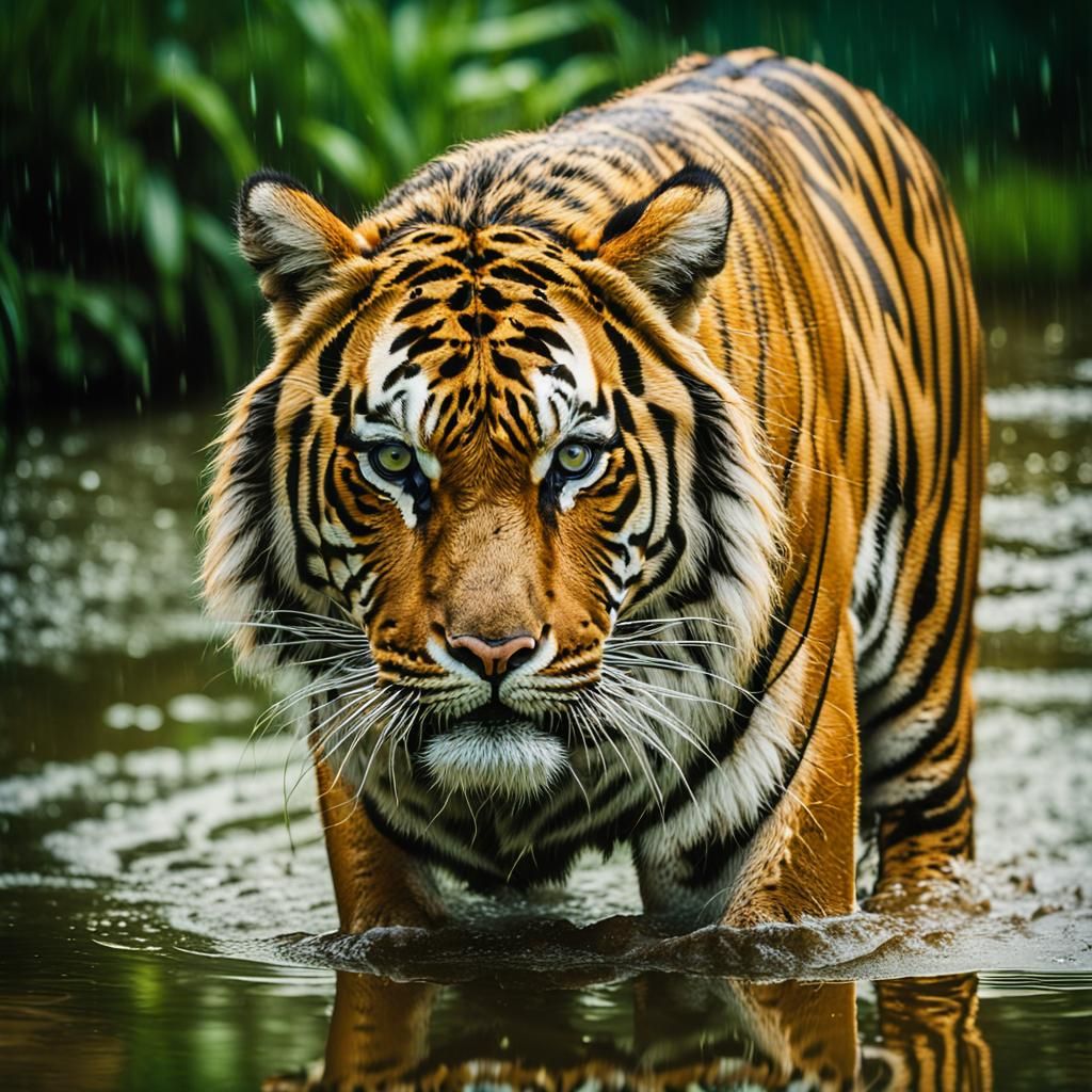 Tiger Walks Through Puddle: Wildlife Photography