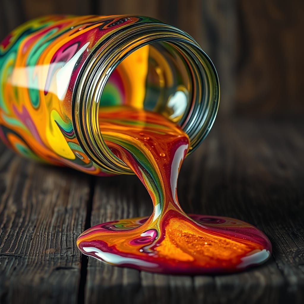 Glass Jar Spilling Multicolored Paint, Hyperrealistic Style