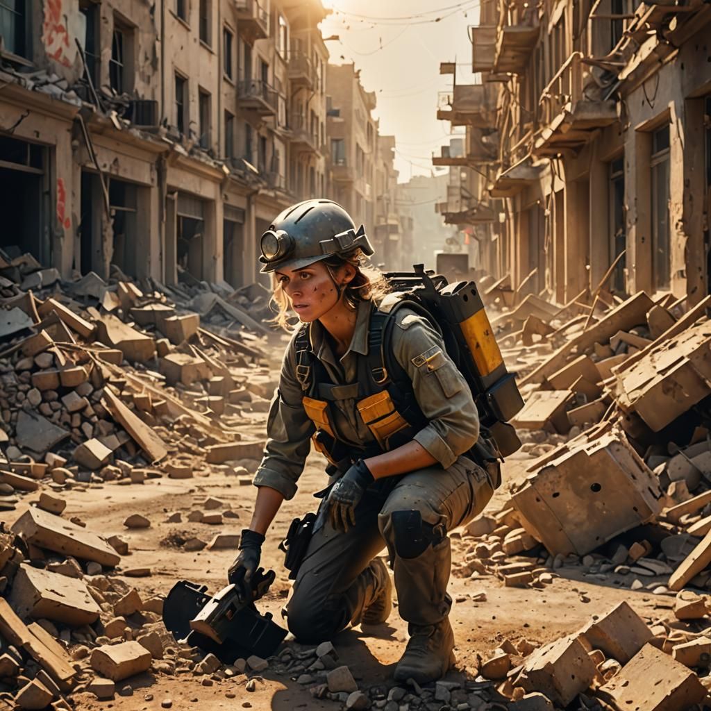 Deminer in War Zone: Hyperrealistic Cinematic Still