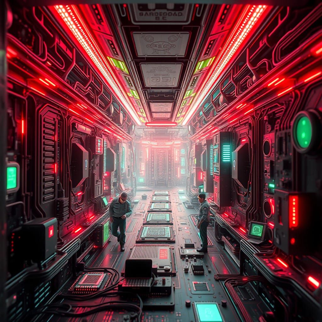 Miniature Technicians Explore Futuristic Computer Core