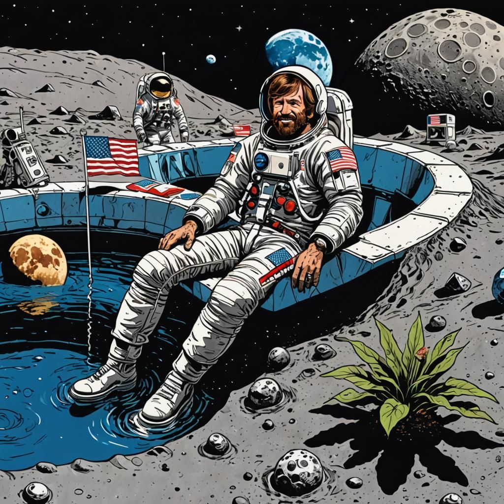 Chuck Norris Lounging on Moon in Comic Book Style