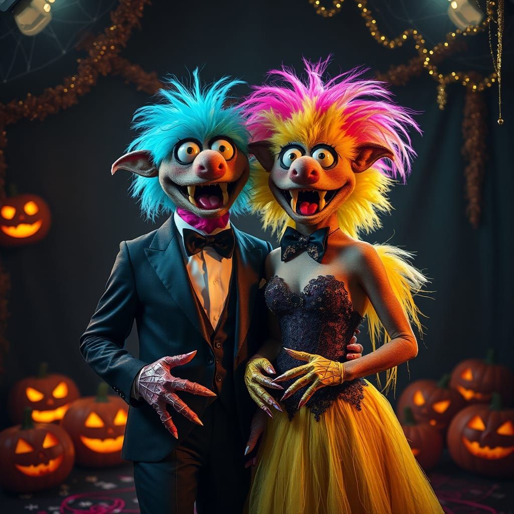 Glamorous Monster Couple Portrait in Edward Gorey Style