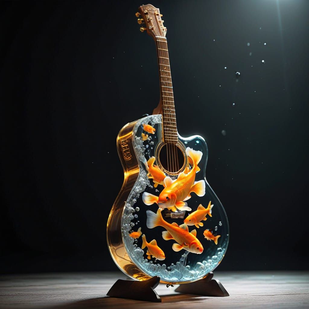 Realistic Water Guitar With Goldfish, Cinematic Lighting