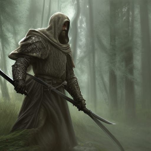 Hooded Ranger in Gloomy Forest Landscape