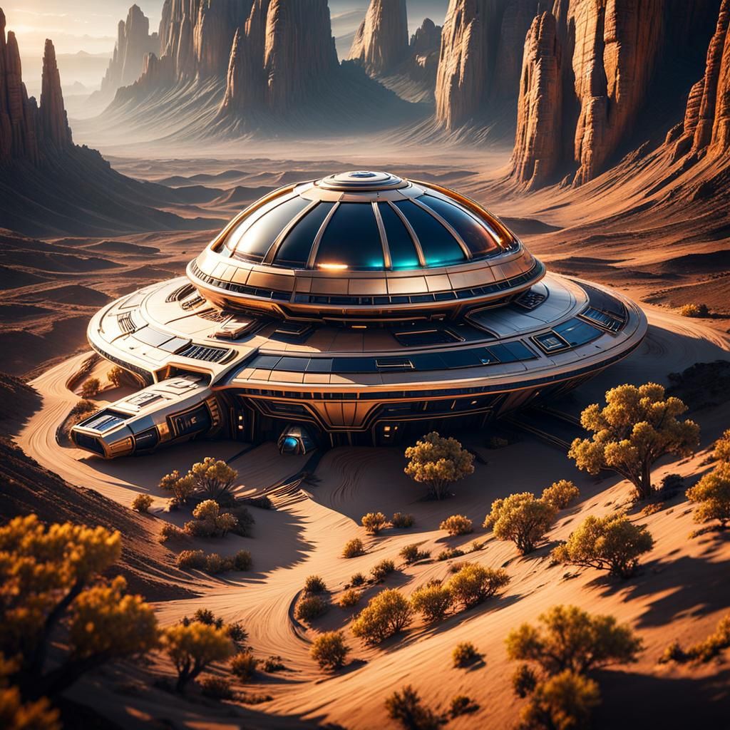 Small Spaceship on a Concave Alien Landscape