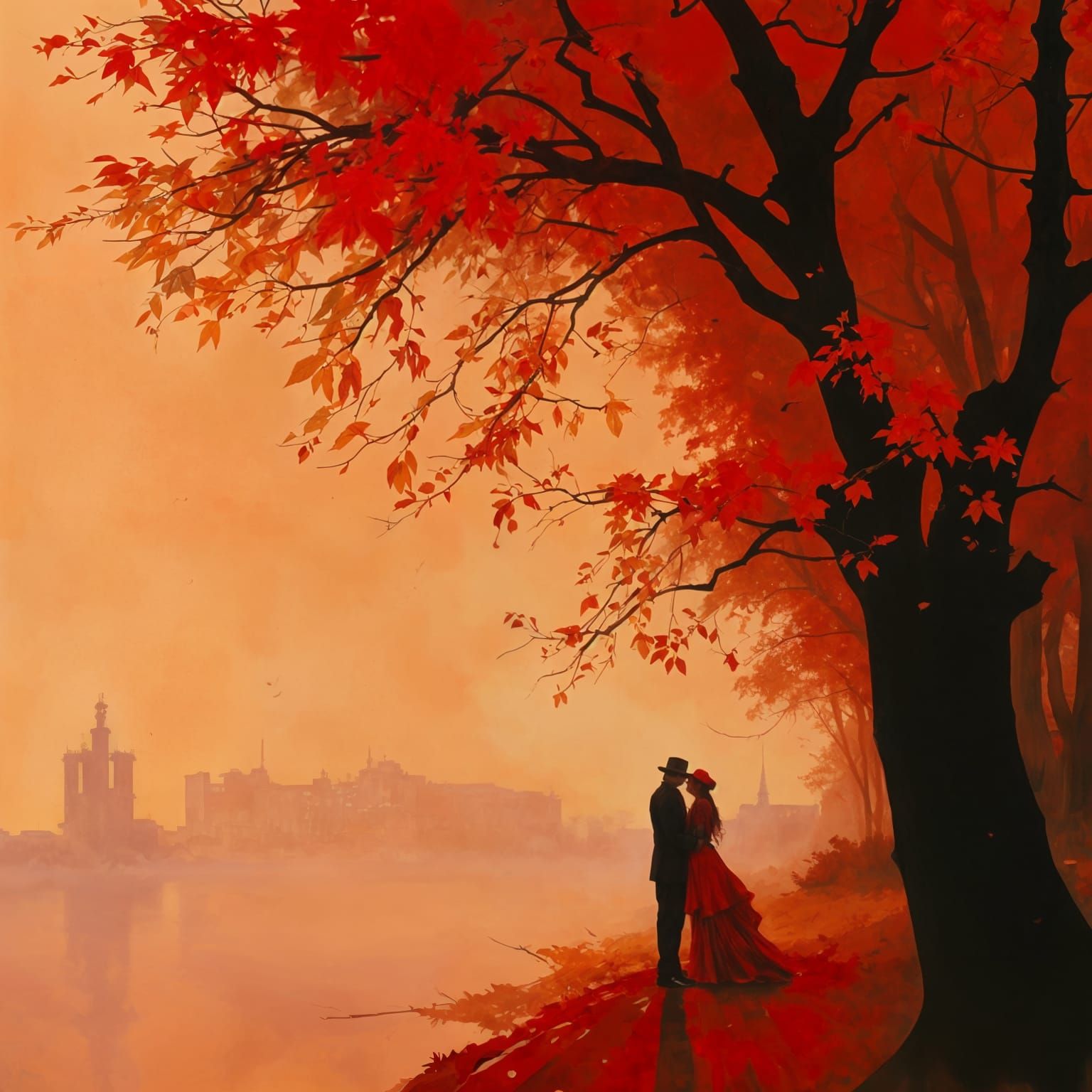 Autumnal Lakescape with Couple in Detailed Style