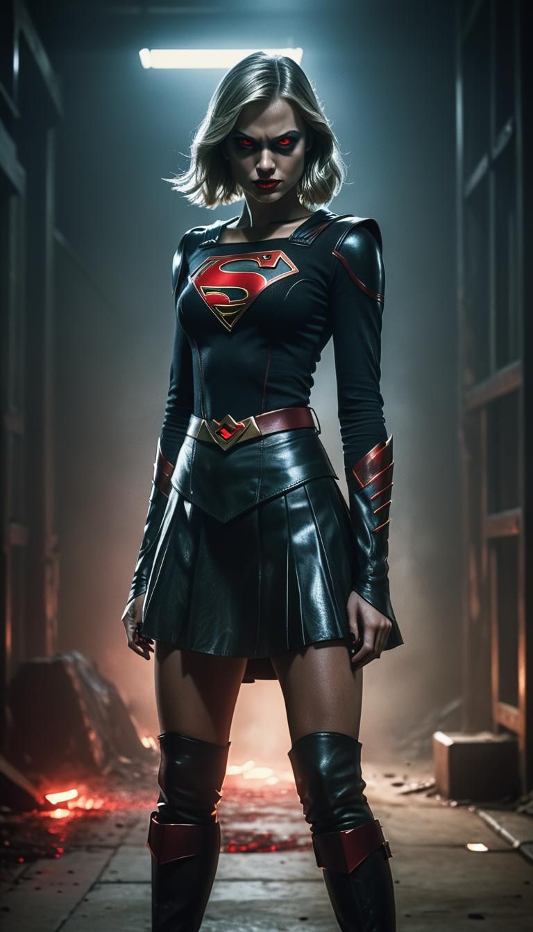 Dark Cinematic Supergirl with Glowing Red Eyes