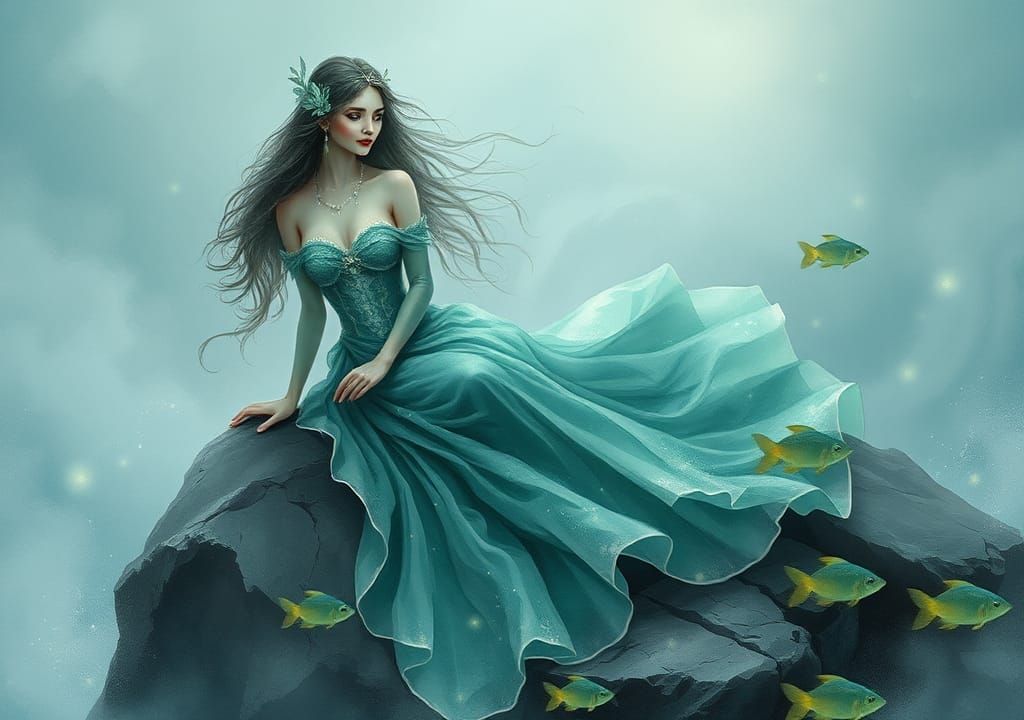 Mystical Siren on Coastal Rocks in Watercolor Style