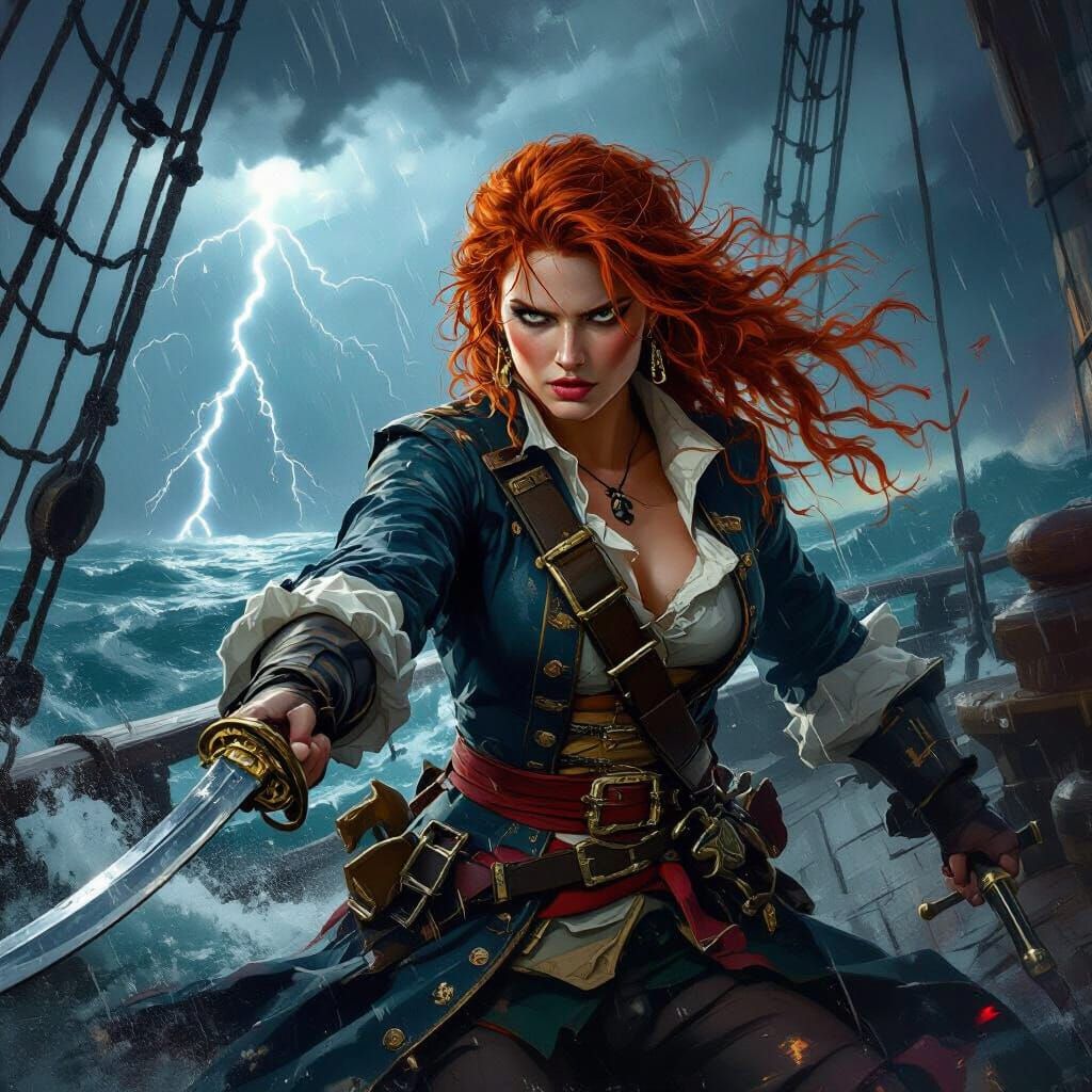 Redheaded Pirate Captain in Stormy Seas