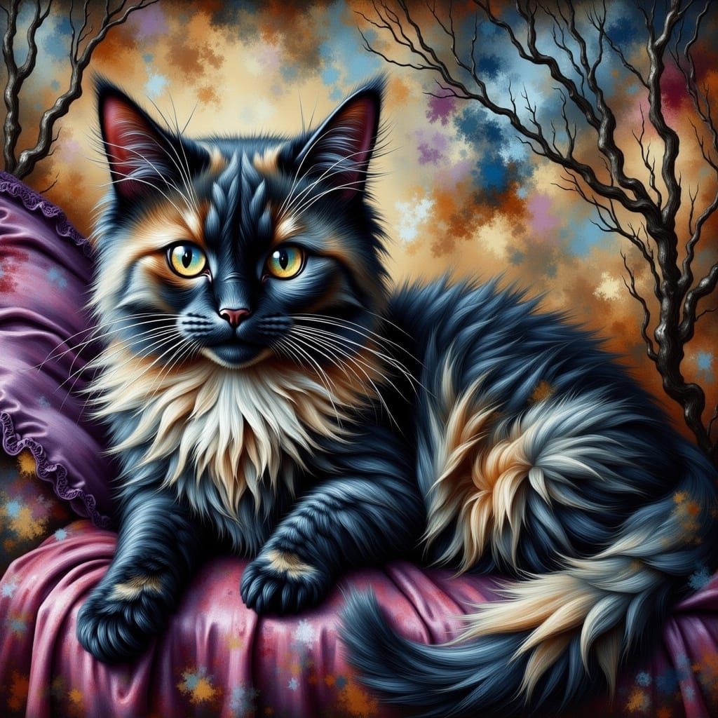 Regal Calico Cat Sits on Velvet Cushion