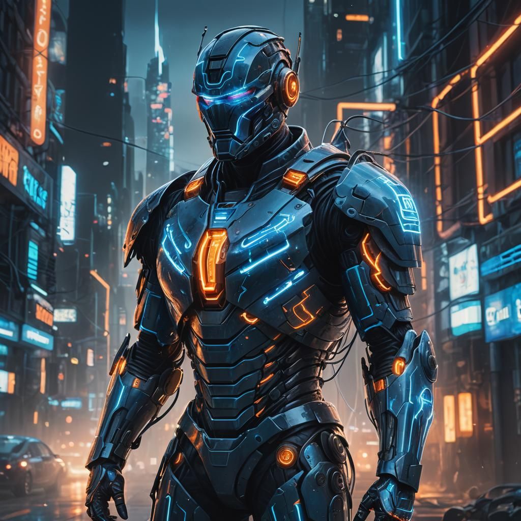 Cyber Warrior Portrait in Neon-Lit Dystopian Cityscape