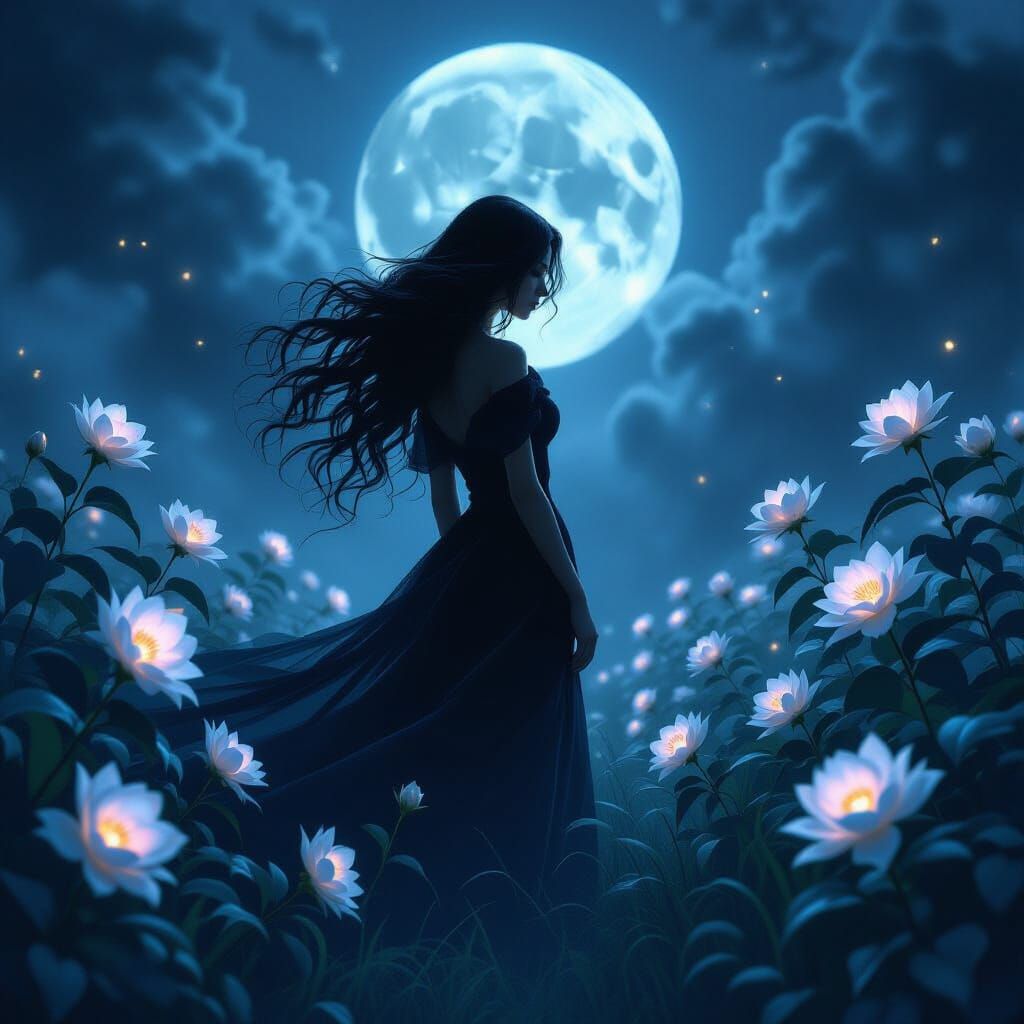 Moonlit Garden Serenade: Ethereal Bloom in Dramatic Light