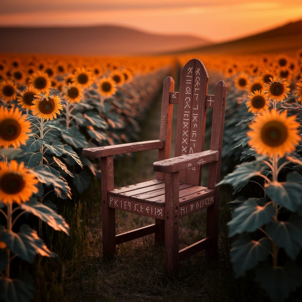 Weathered Chair in Golden Hour Sunflower Field