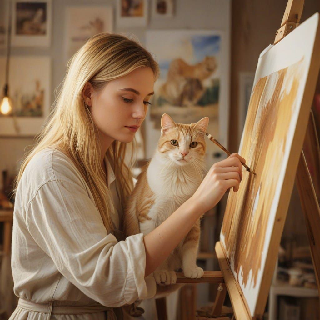 Impressionist Female Artist Paints Cat in Cozy Studio