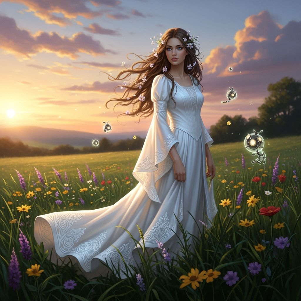 Young Woman in Wildflower Meadow at Sunset, Art Nouveau Styl...