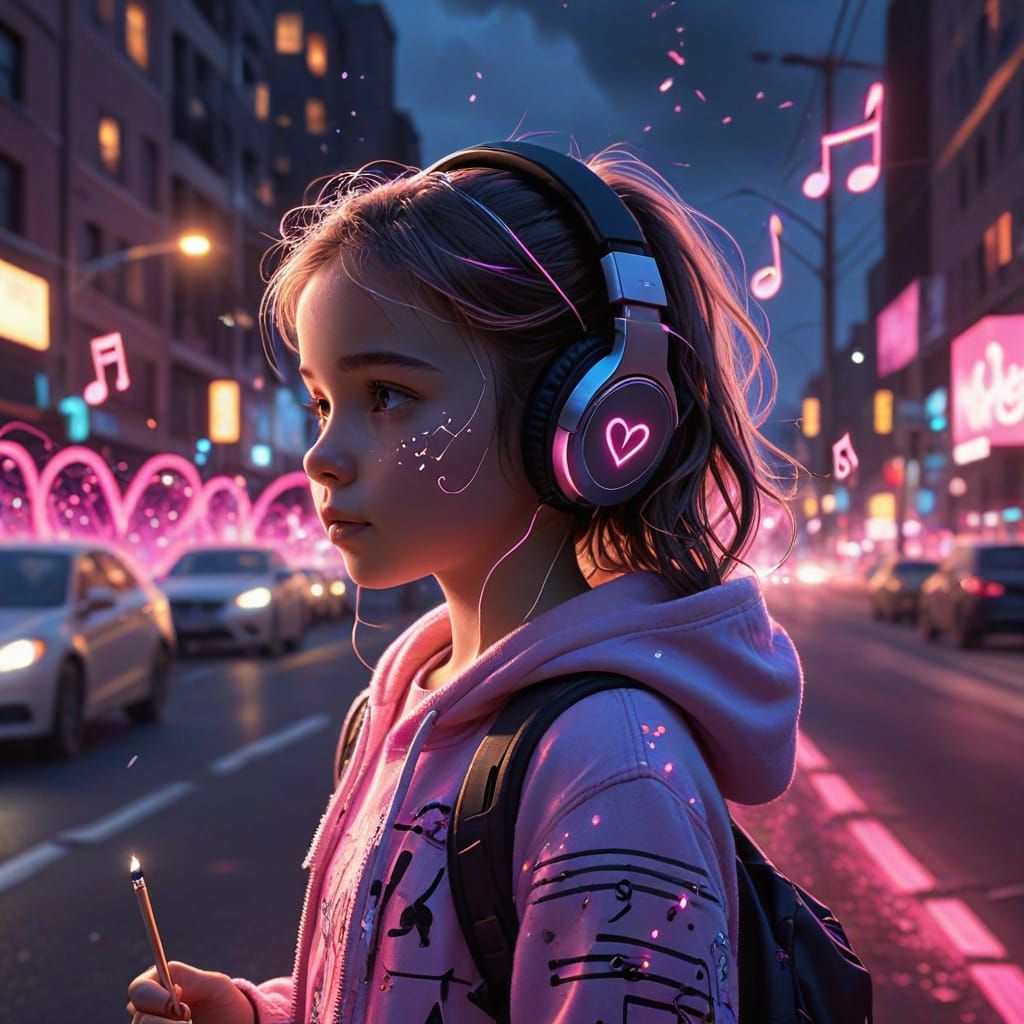 Neon Girl Listening to Music in Street Art Style