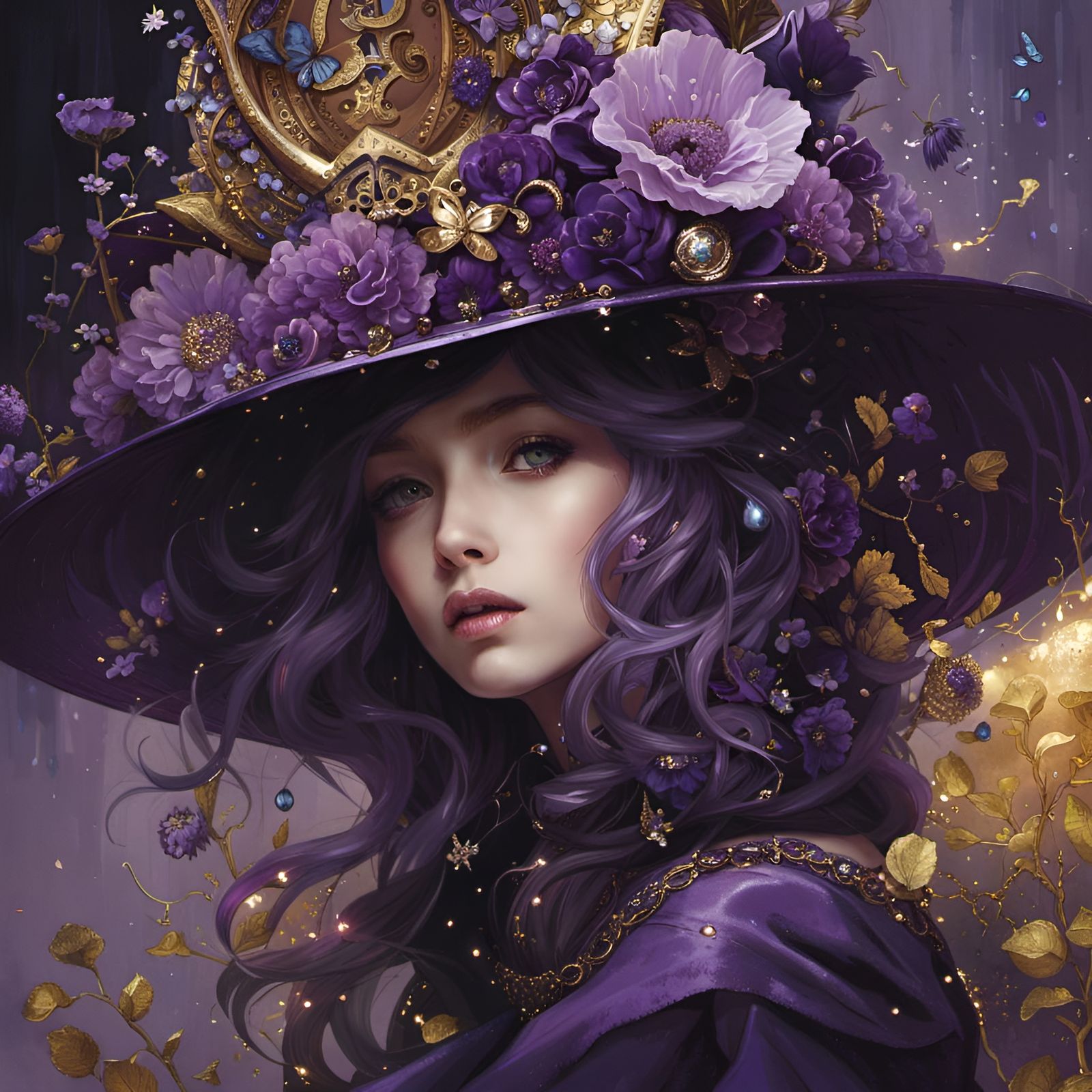 Magic Purple Witch Portrait in Hyperrealistic Style