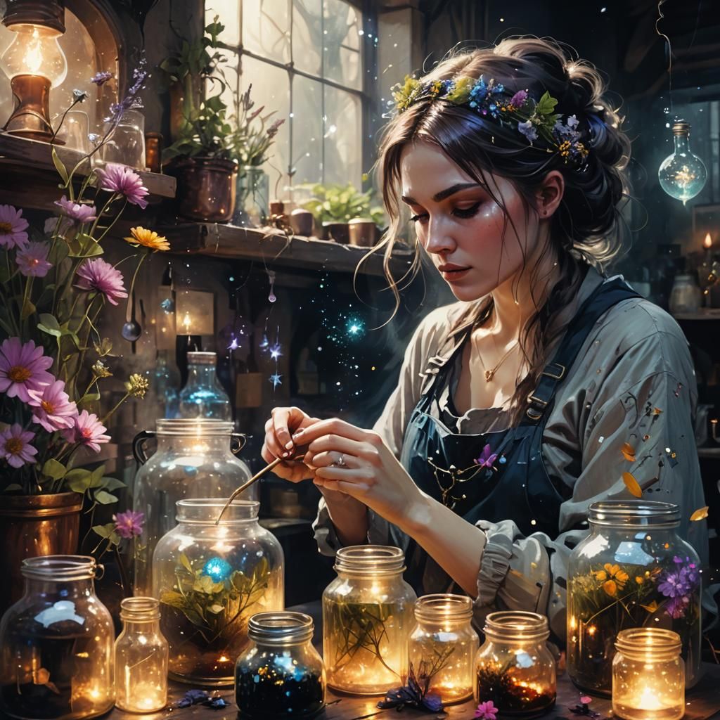 Alchemist Brewing Magic Potion with Herbs and Spells