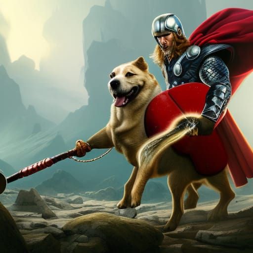Thor Dog with Helmet and Hammer, Detailed Art