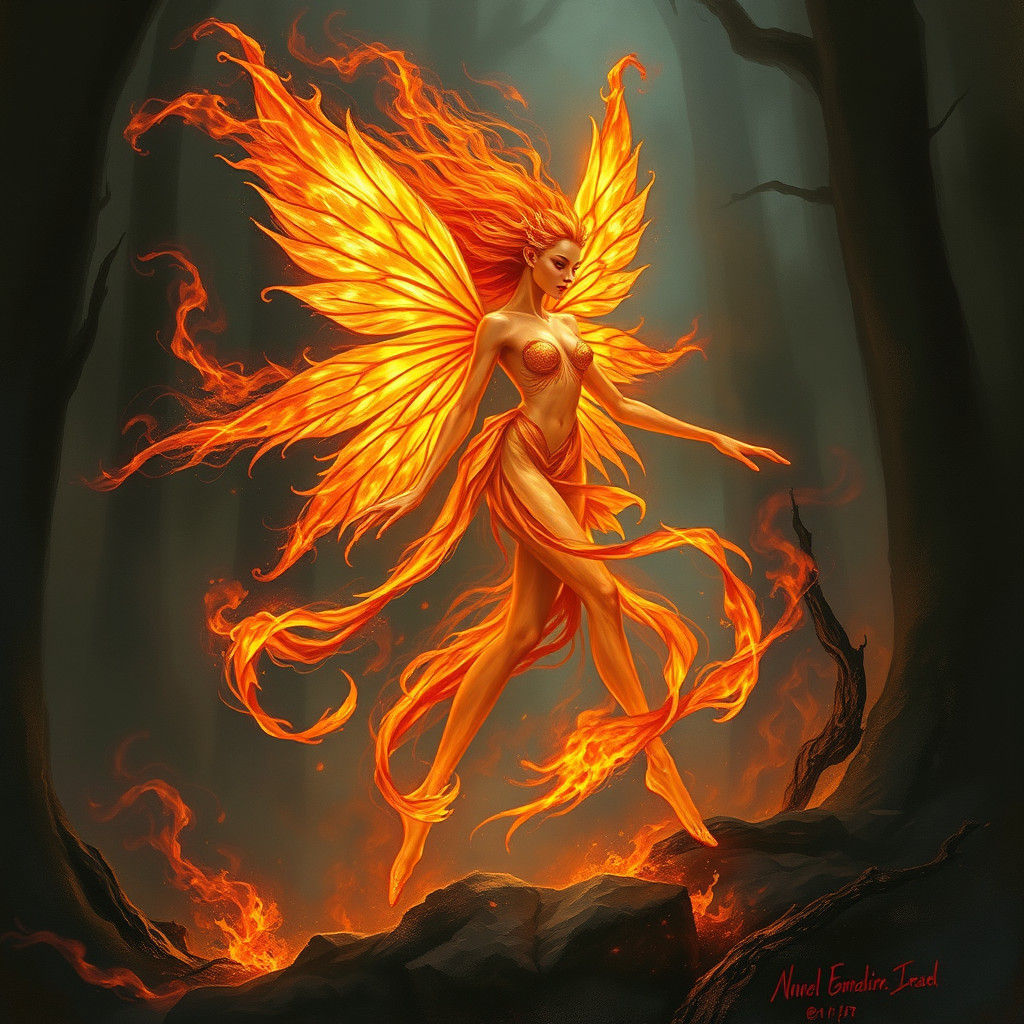 Ethereal Fire Fairy in Mystical Forest Setting