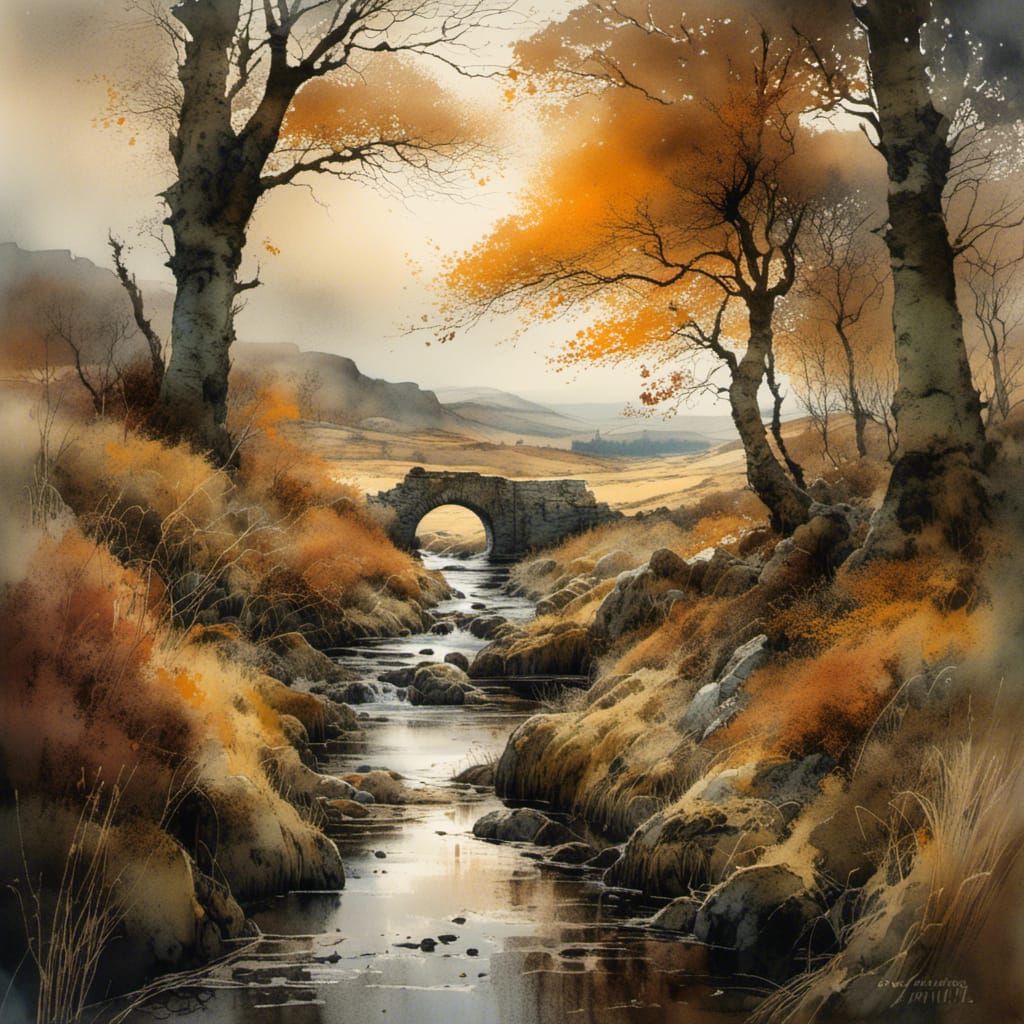 Scottish Autumn Landscape in Romantic Watercolor Style