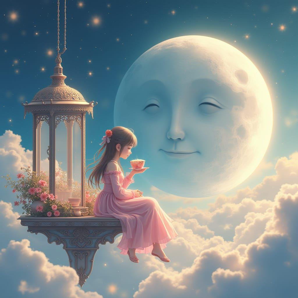 Girl in Whimsical Cloudscape Listening to Secrets