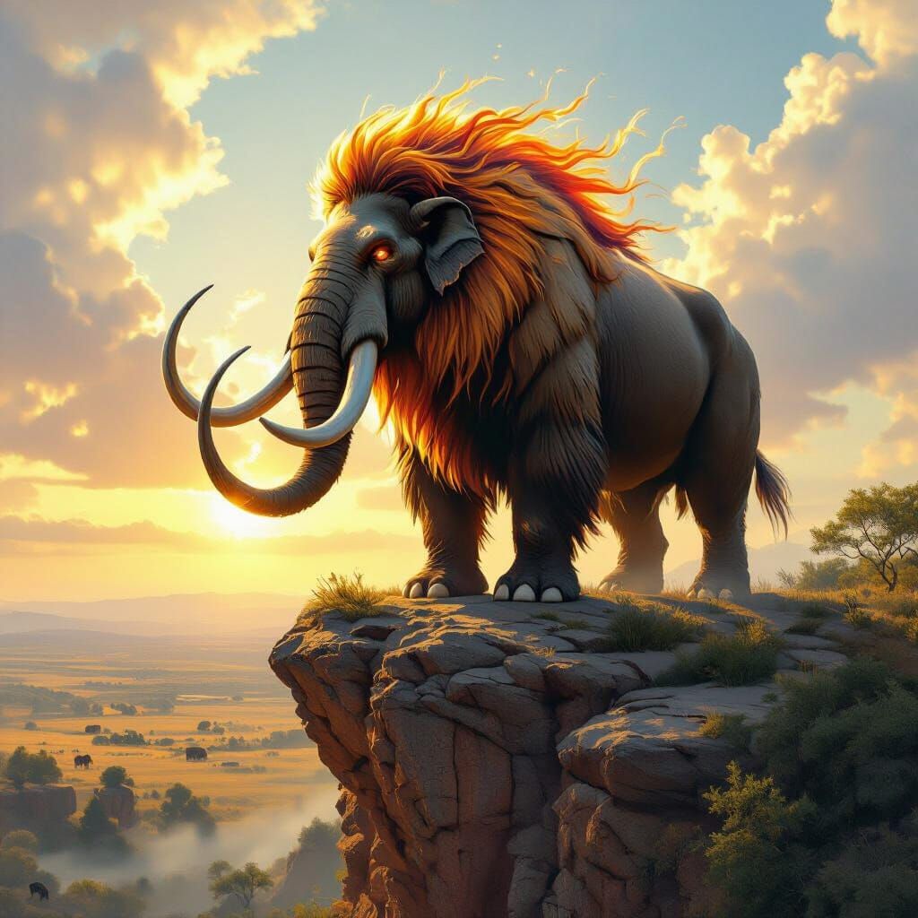 Fiery Mammoth Overlooking Savanna in Hyperrealistic Style